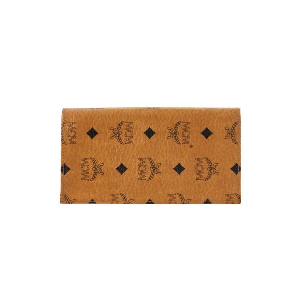 MCM Womens Visetos Monogram Long Bi-Fold Wallet Cognac